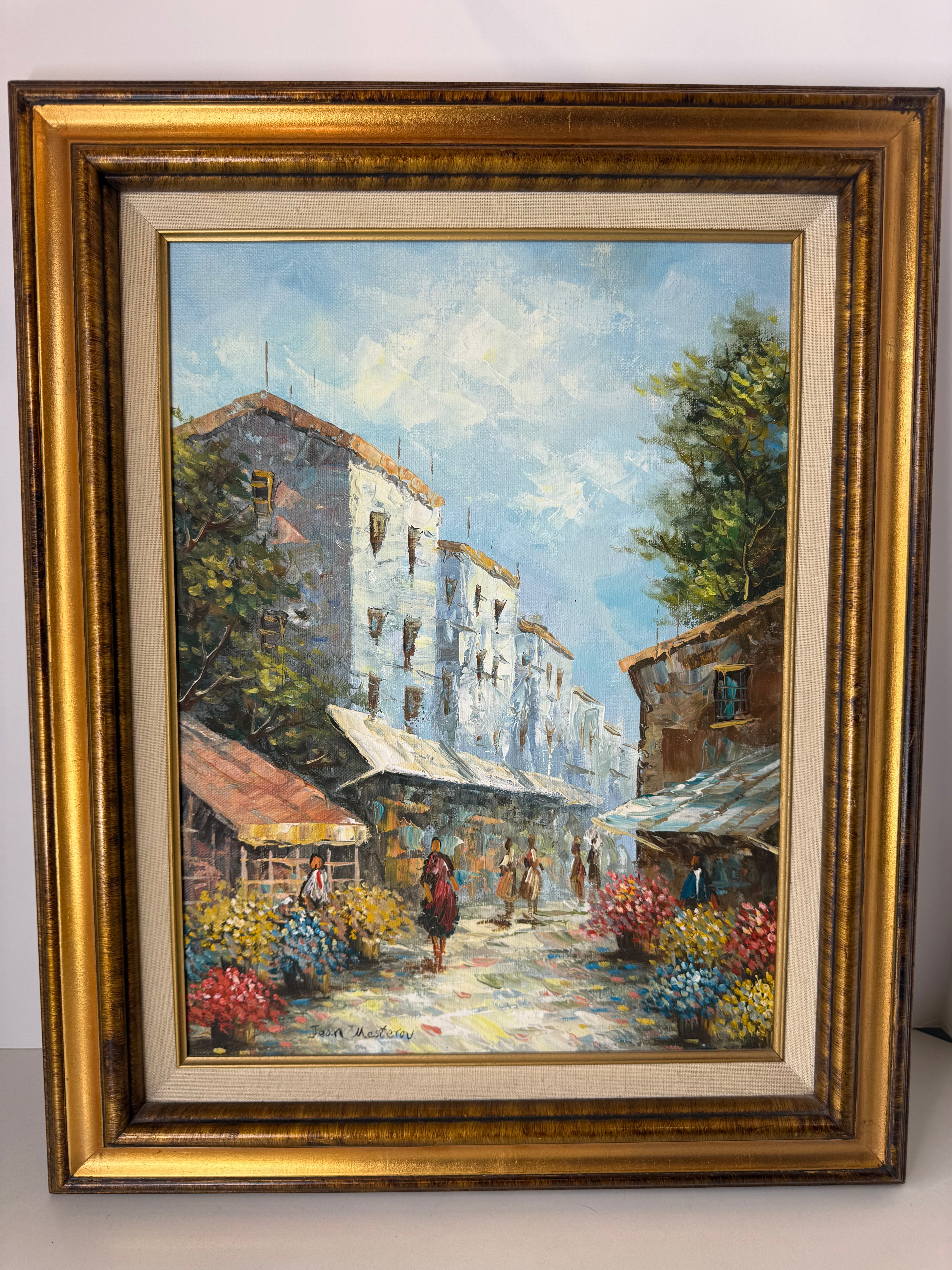 Vintage European Market Scene Original Oil Painting by Jean Mesterov