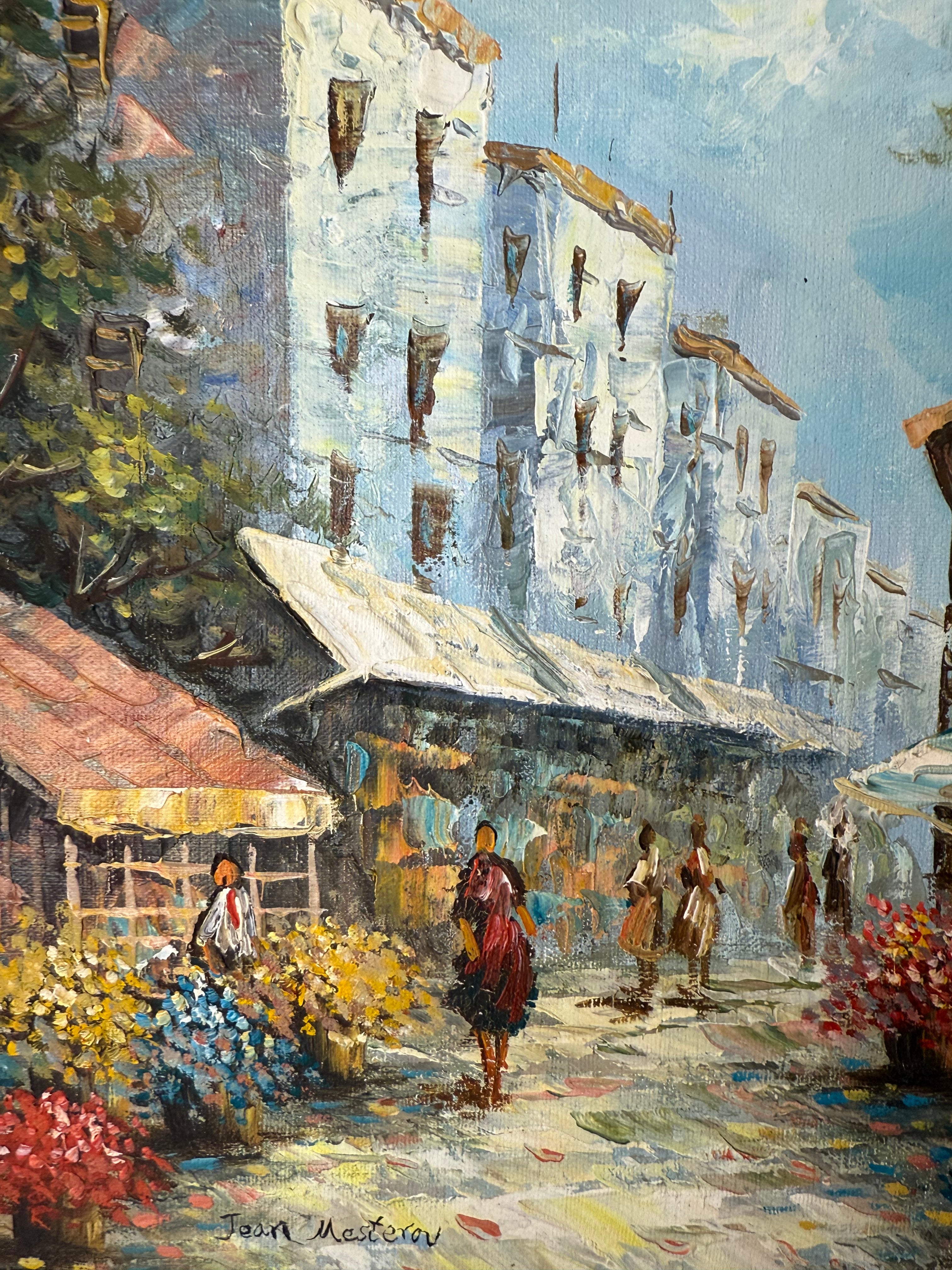 Vintage European Market Scene Original Oil Painting by Jean Mesterov