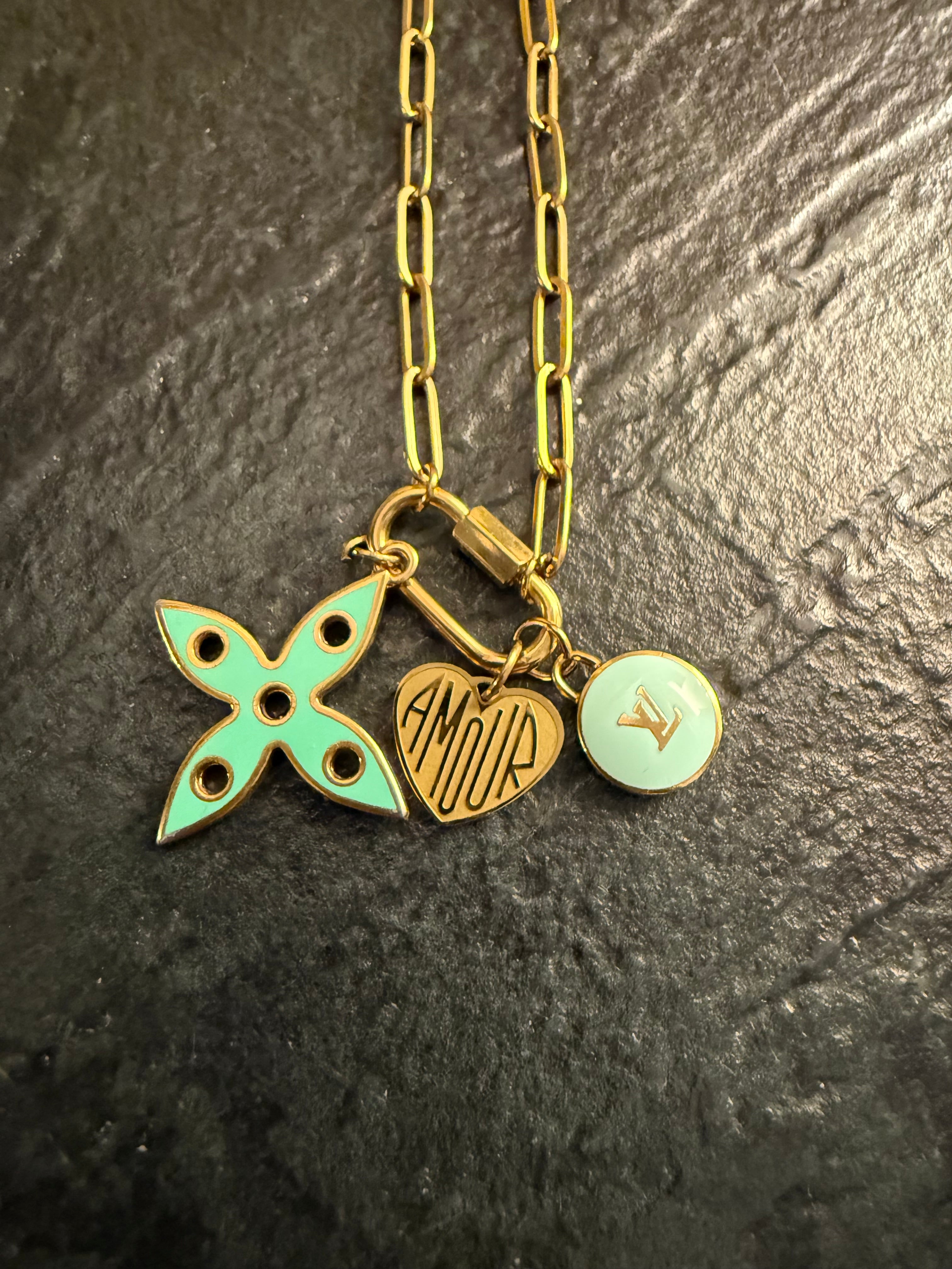 LV Pink Fleur Charm, LV Mint Green Pastille Charm and Gold Amour Charm