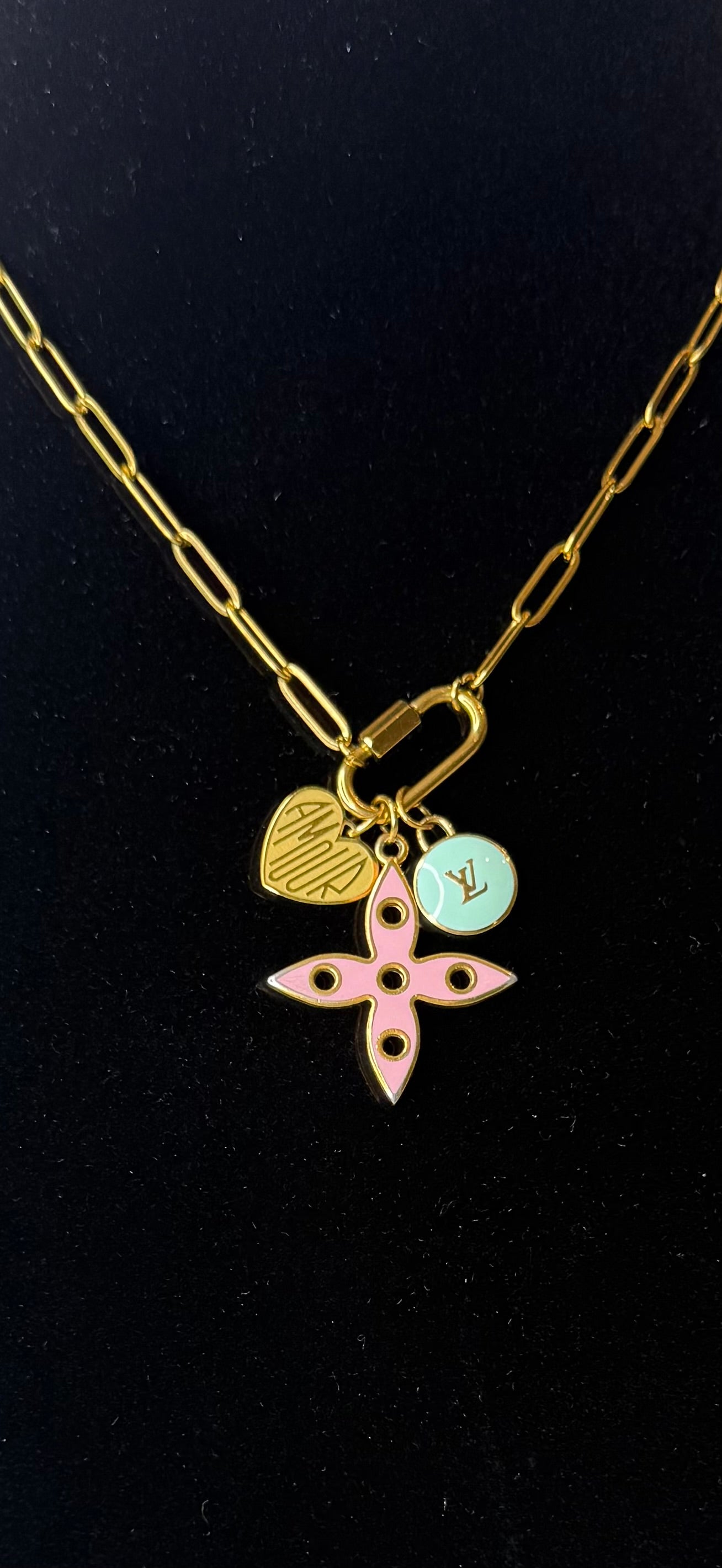 LV Pink Fleur Charm, LV Mint Green Pastille Charm and Gold Amour Charm