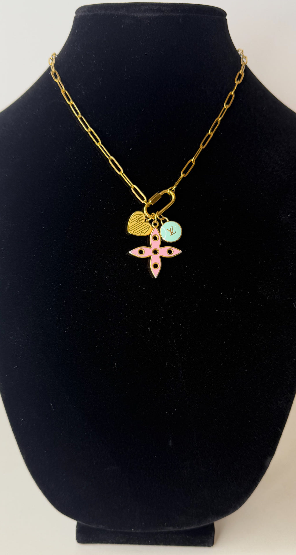 LV Pink Fleur Charm, LV Mint Green Pastille Charm and Gold Amour Charm
