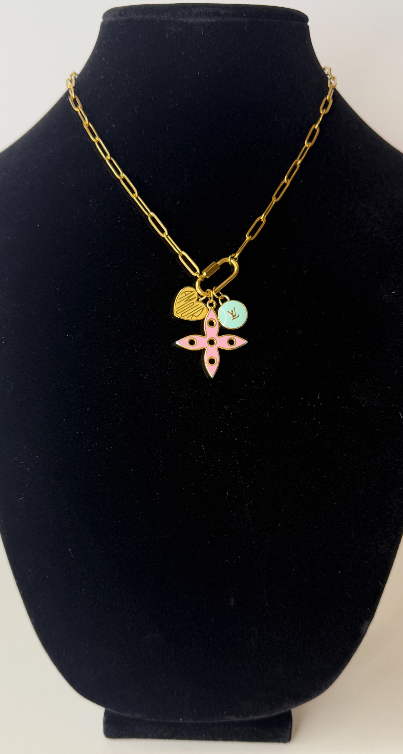 LV Pink Fleur Charm, LV Mint Green Pastille Charm and Gold Amour Charm