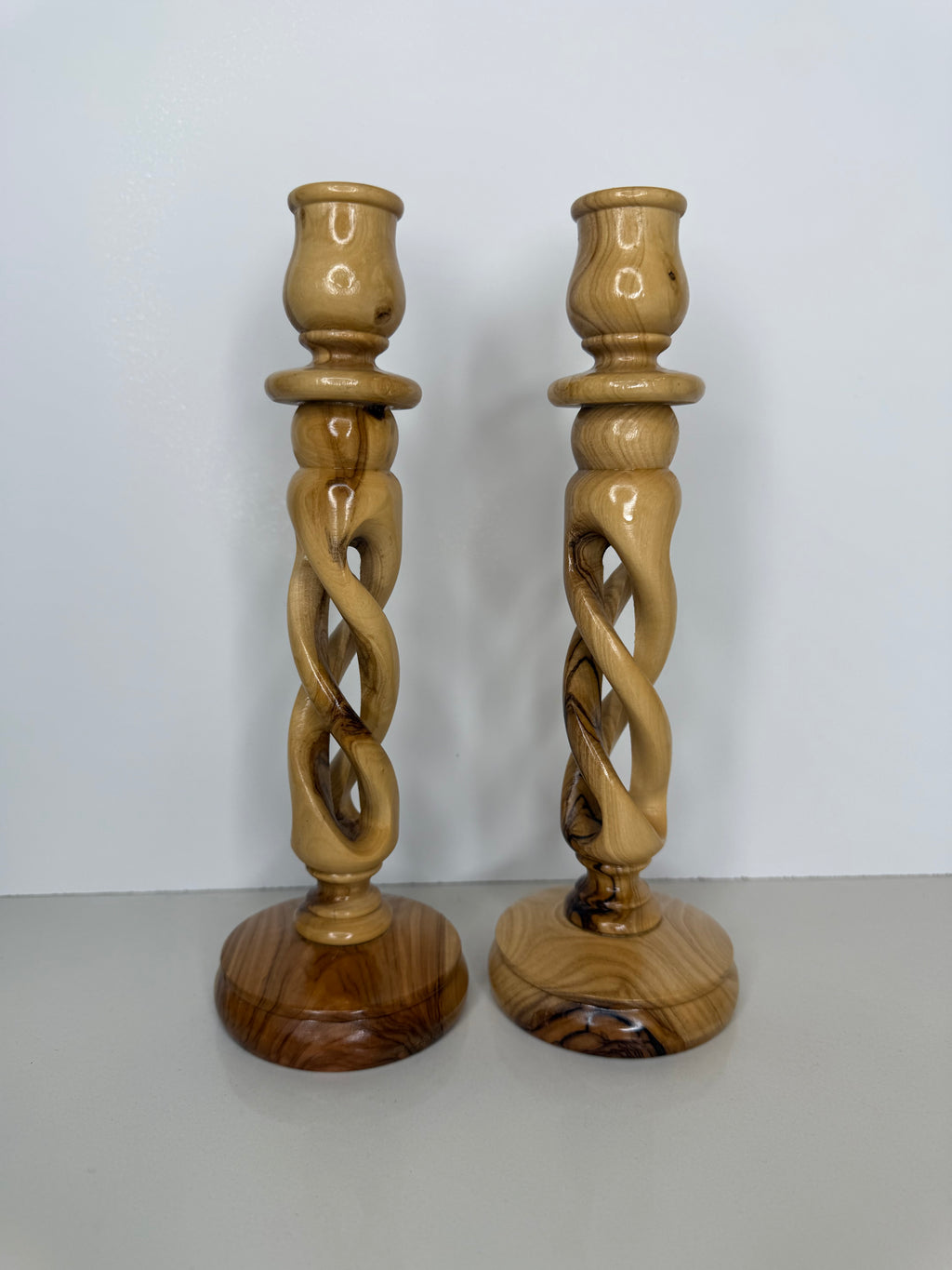 Vintage Pair of Twisted Olive Wood Candleholders