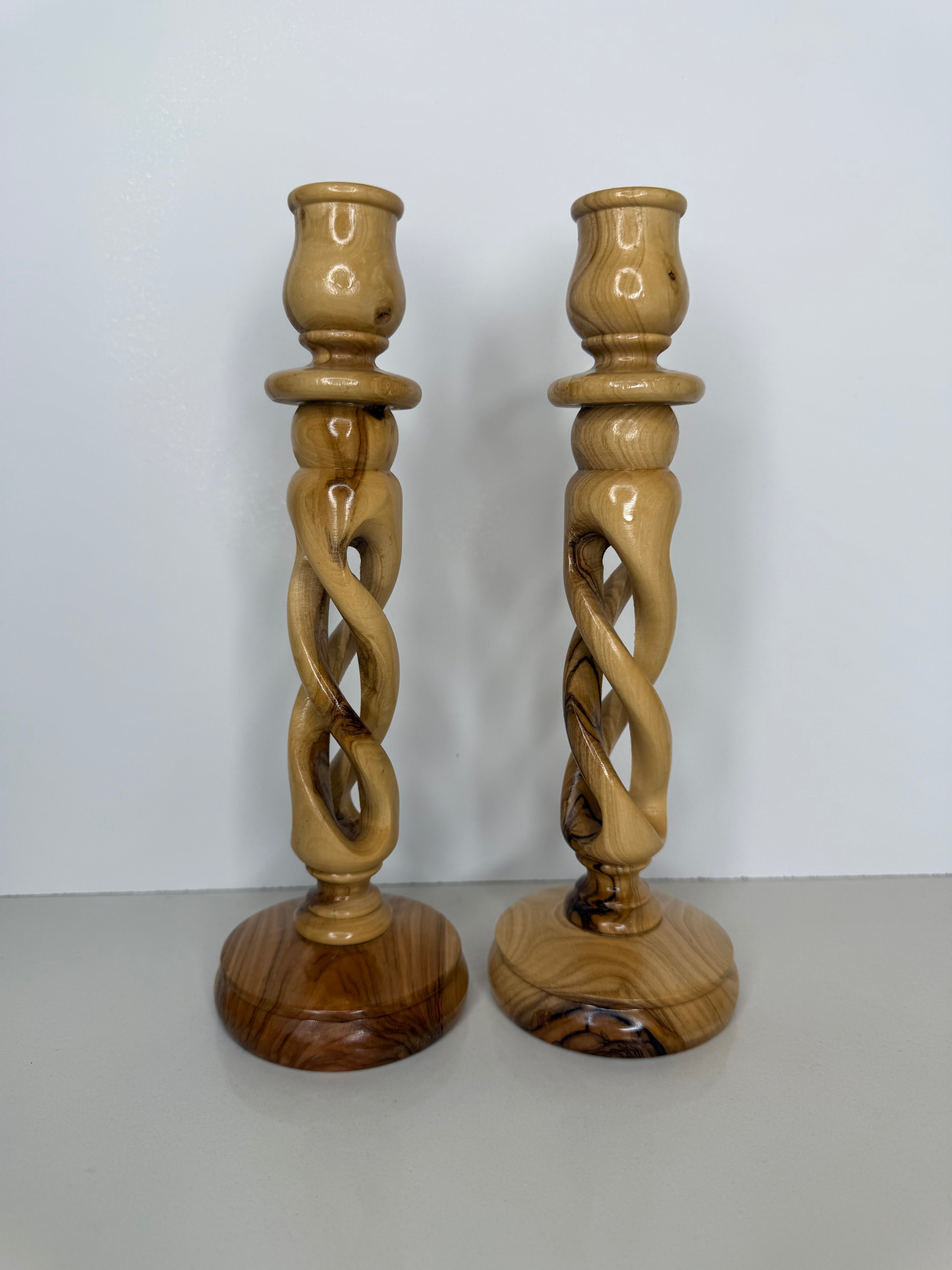 Vintage Pair of Twisted Olive Wood Candleholders