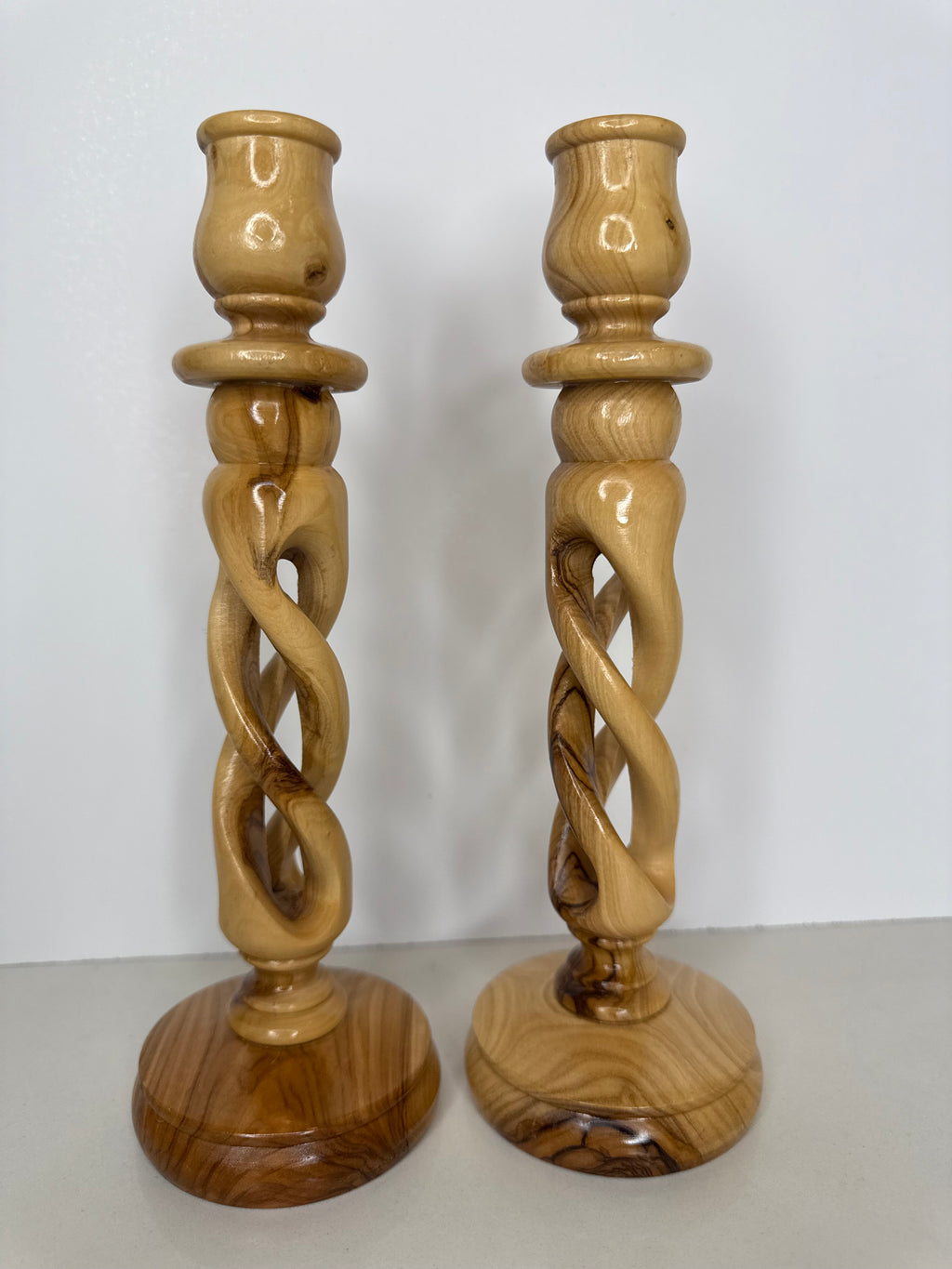 Vintage Pair of Twisted Olive Wood Candleholders