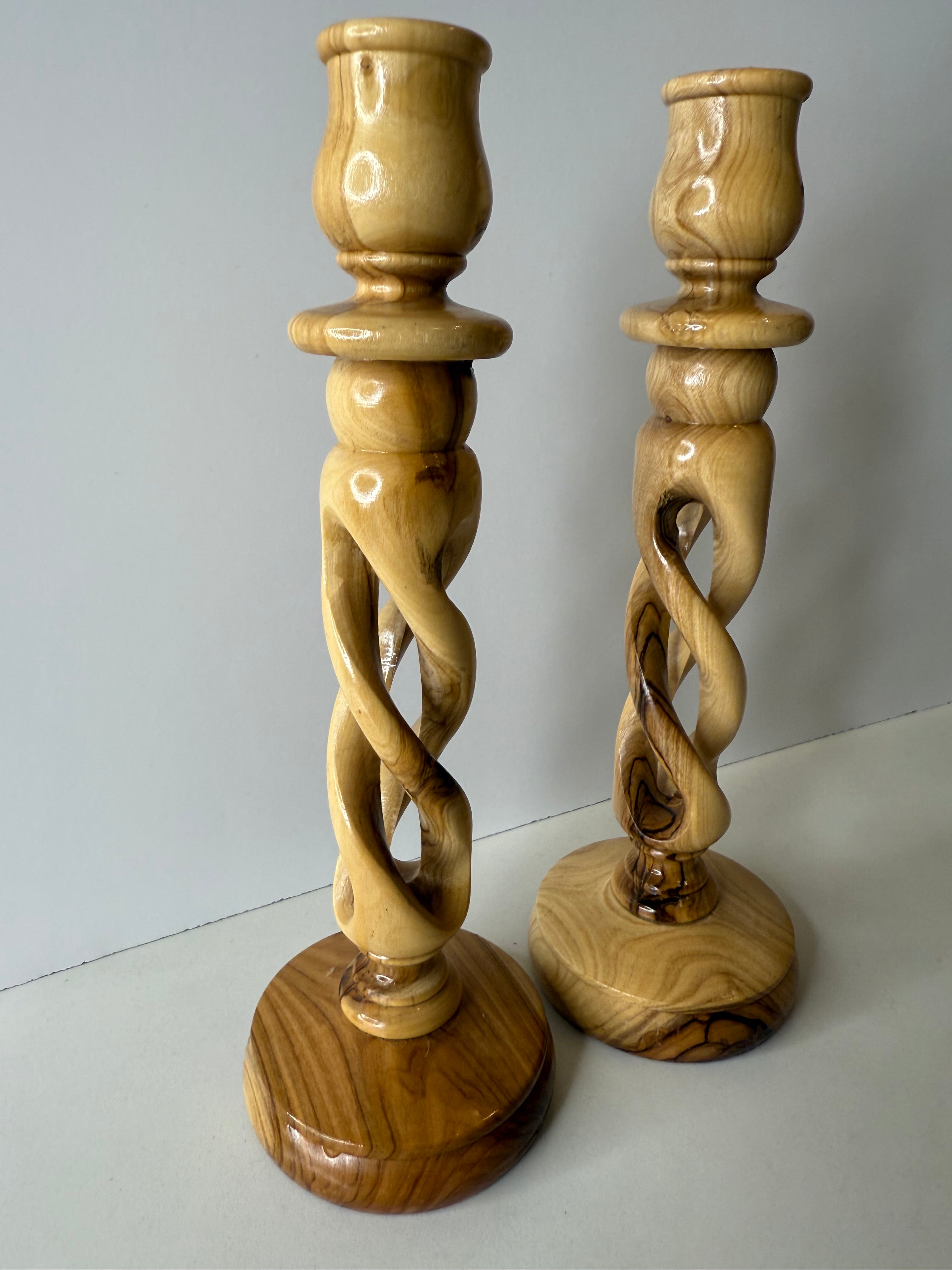 Vintage Pair of Twisted Olive Wood Candleholders