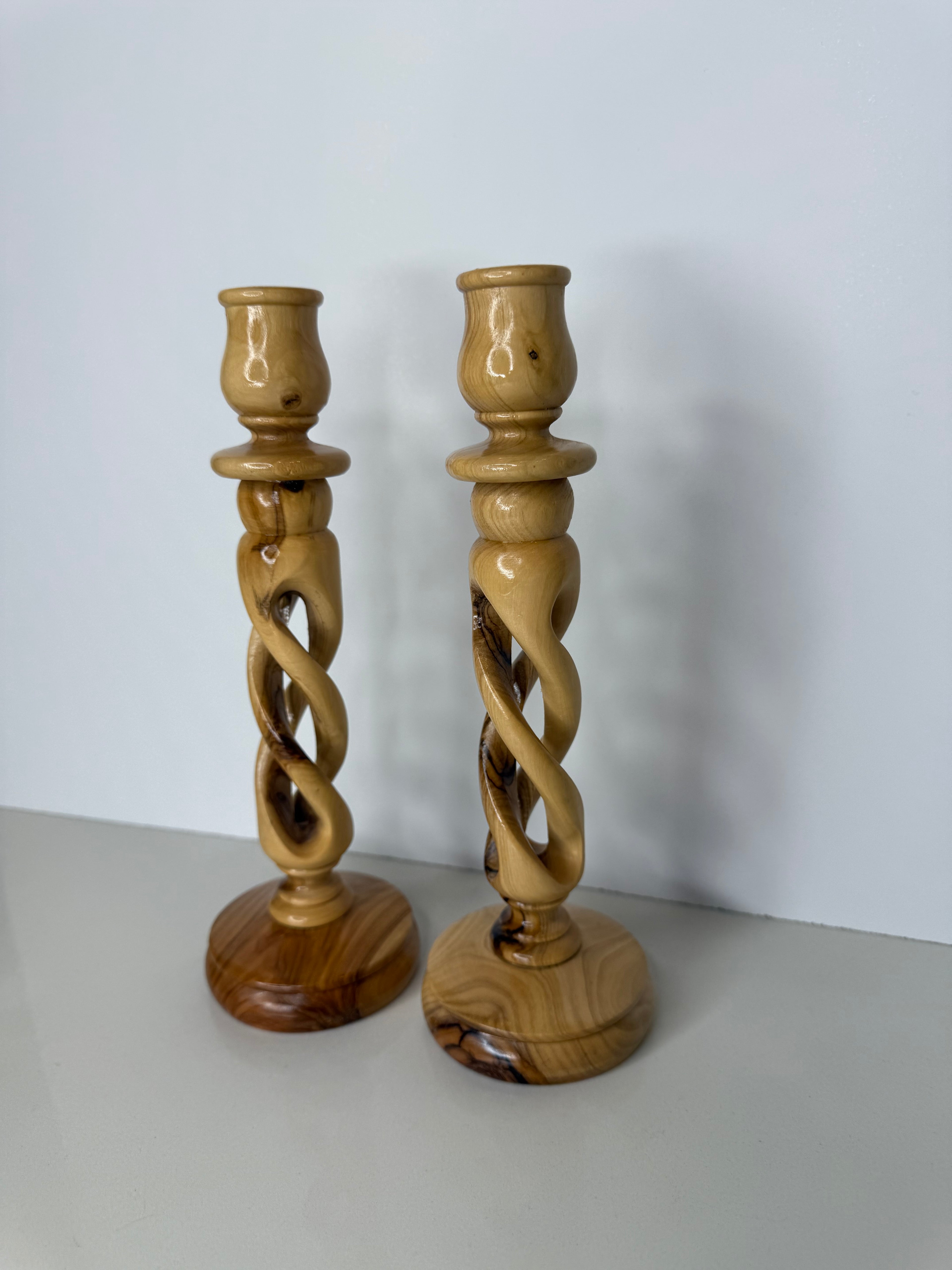 Vintage Pair of Twisted Olive Wood Candleholders